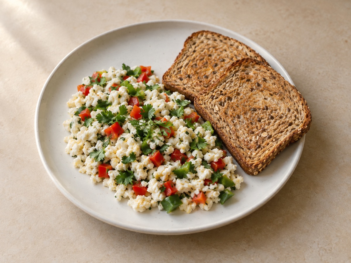 AI-generated meal illustration: Egg white bhurji & multigrain toast