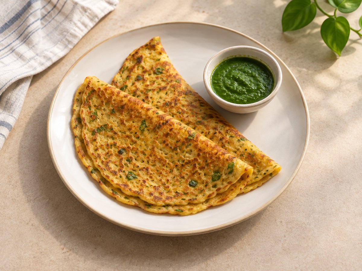 AI-generated meal illustration: Moong chilla & mint chutney